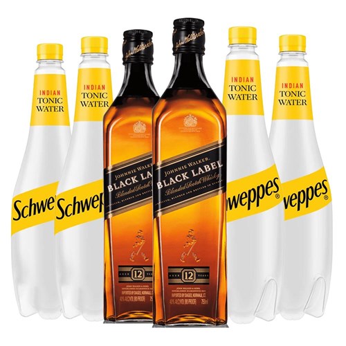 Case of 6 with Johnnie Walker Black Label Whisky and Schweppes Tonic Packed Together